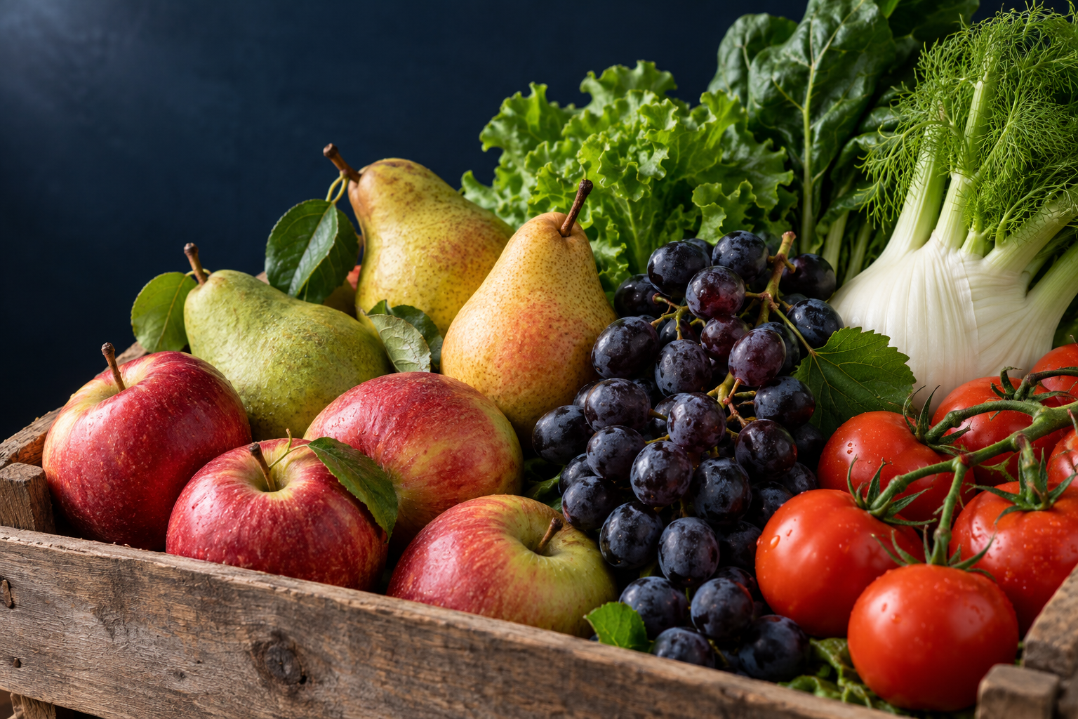 Una cassetta con mele, pere, uva e verdure fresche